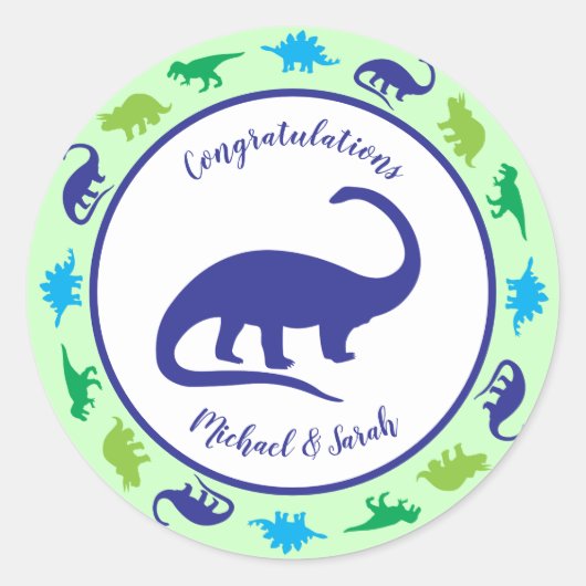 Cute Dinosaur Baby shower Dino Blue en Green Boy Ronde Sticker (Voorkant)
