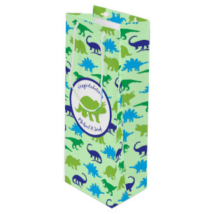 Cute Dinosaur Baby shower Dino Blue en Green Boy Wijn Cadeautas