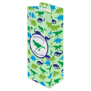 Cute Dinosaur Baby shower Dino Blue en Green Boy Wijn Cadeautas