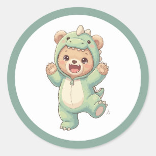 Cute Dinosaur Beer Kawaii Teddy in Dino Kostuum Ronde Sticker