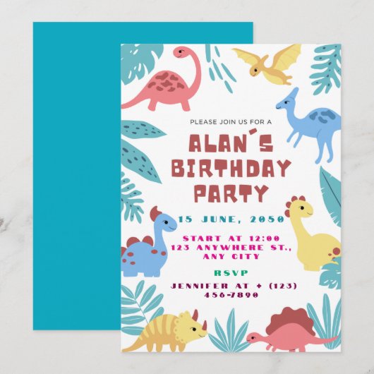 Cute Dinosaur Birthday Invitation (Devant / Derrière)