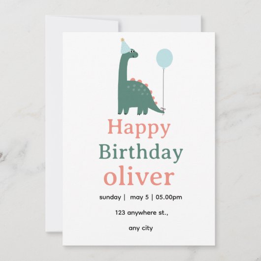 Cute Dinosaur Birthday Invitation for Kids, (Devant)