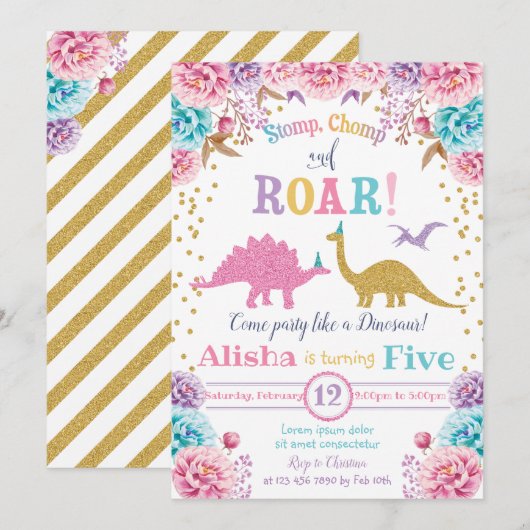 Cute Dinosaur Birthday Invitation Girl Kaart (Voorkant / Achterkant)