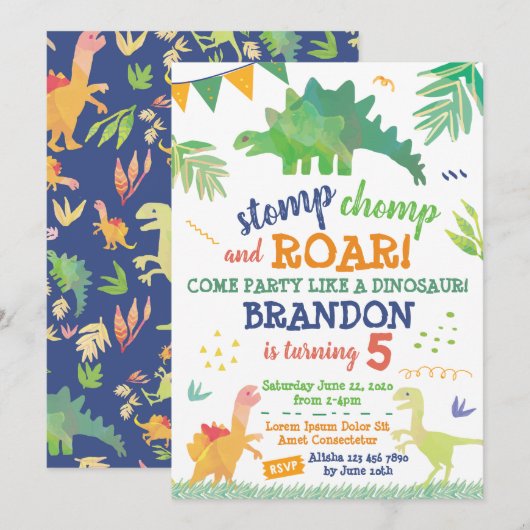 Cute Dinosaur Birthday Invitation Kaart (Voorkant / Achterkant)