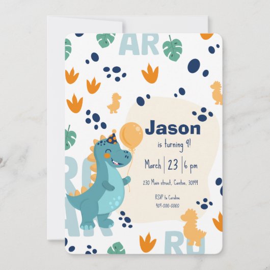 Cute Dinosaur Birthday Invitation  Kaart (Voorkant)