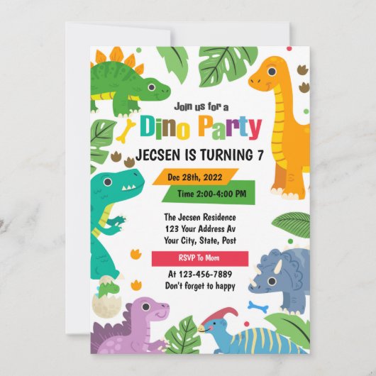 Cute Dinosaur Birthday Invitation Kaart (Voorkant)