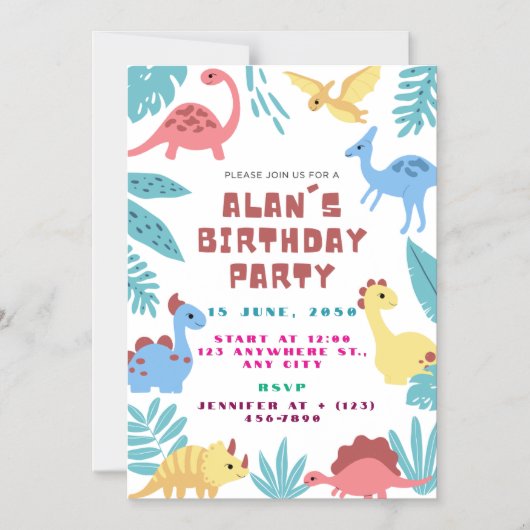 Cute Dinosaur Birthday Invitation Magnetische Uitnodiging (Voorkant)
