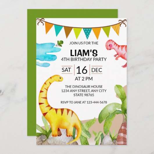 Cute Dinosaur Birthday Party Invitation Kaart (Voorkant / Achterkant)