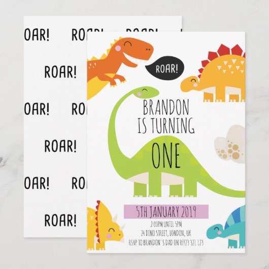 Cute Dinosaur Birthday Party Invitation Kaart (Voorkant / Achterkant)