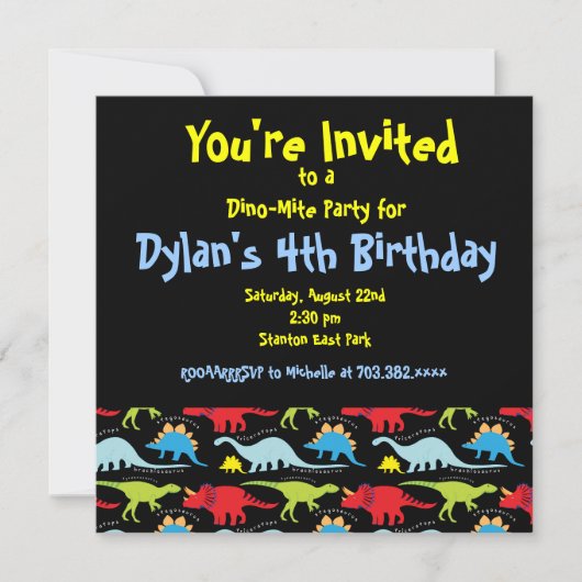 Cute Dinosaur Birthday Party Invitations Black Kaart (Voorkant)