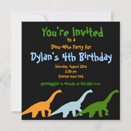 Cute Dinosaur Birthday Party Invitations Black Kaart (Voorkant)