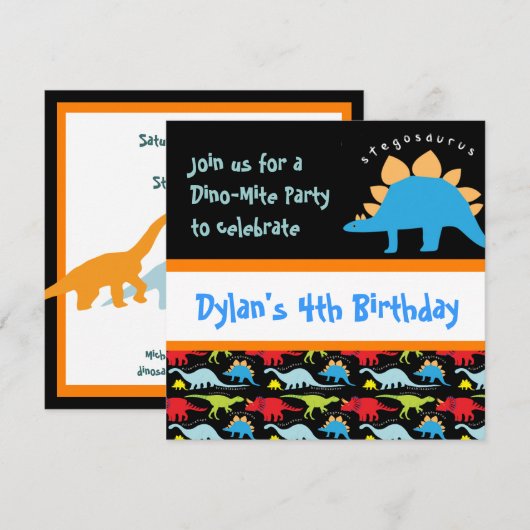 Cute Dinosaur Birthday Party Invitations Black Kaart (Voorkant / Achterkant)