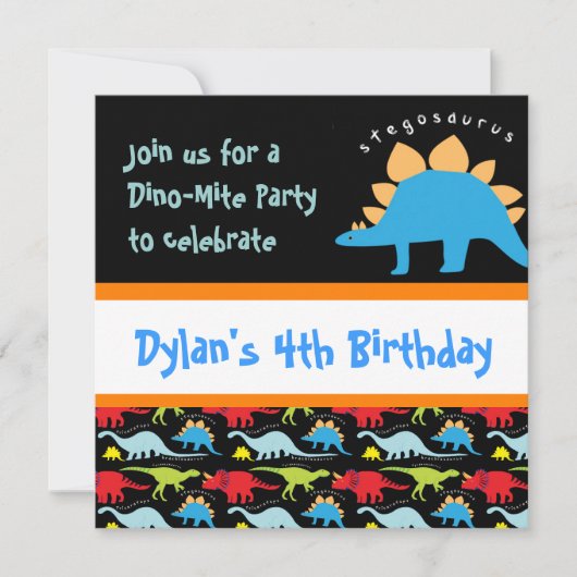 Cute Dinosaur Birthday Party Invitations Black Kaart (Voorkant)