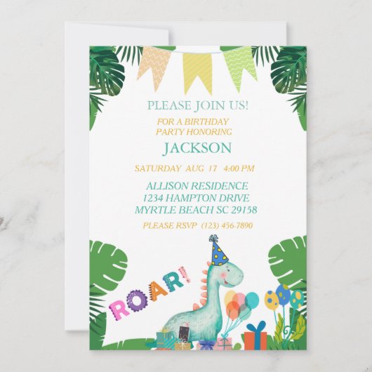 Cute Dinosaur Boys Anniversaire Fête Invitation (Devant)