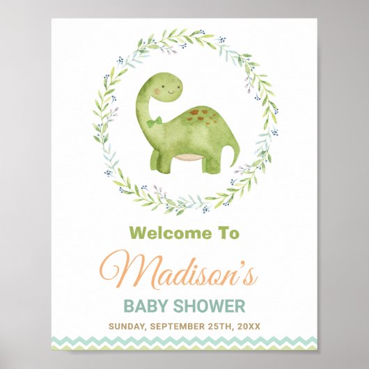Cute Dinosaur Brontosaurus Boy Baby shower Welkom Poster (Voorkant)