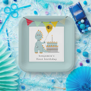 Cute Dinosaur Cake Powder Blue 1st Birthday Papieren Bordje