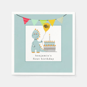 Cute Dinosaur Cake Powder Blue First Birthday Servet