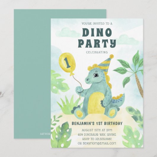 Cute Dinosaur Dino Party Boy First Birthday Kaart (Voorkant / Achterkant)