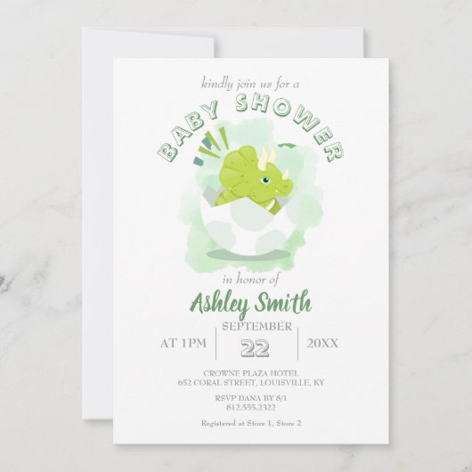 Cute Dinosaur Egg Green Waterverf Baby shower Inv Kaart (Voorkant)