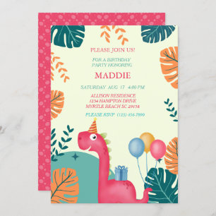 Cute Dinosaur Filles Anniversaire Invitation