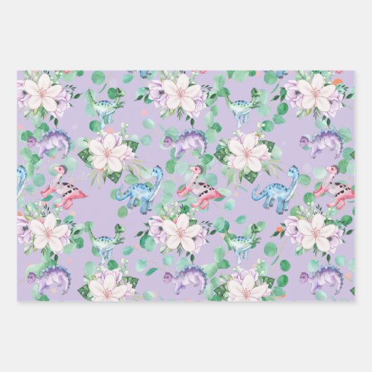 Cute dinosaur floral illustration kinder party inpakpapier vel (Voorkant 3)