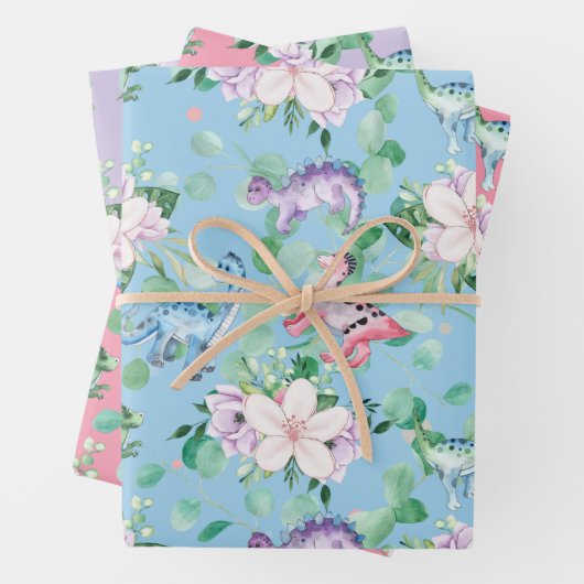 Cute dinosaur floral illustration kinder party inpakpapier vel (In situ)