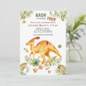 Cute Dinosaur Fourth Birthday Party Invitation Kaart (Staand voorkant)