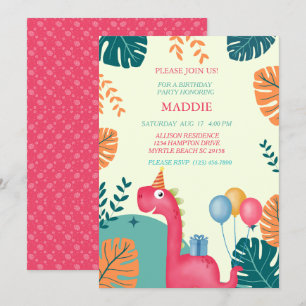 Cute Dinosaur Girls Birthday Party Invitation Kaart