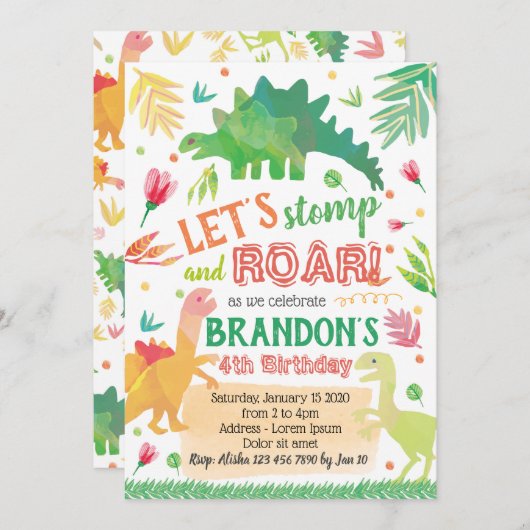 Cute Dinosaur Invitation Anniversaire (Devant / Derrière)