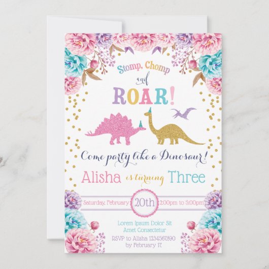 Cute Dinosaur Invitation d'anniversaire pour fille (Devant)