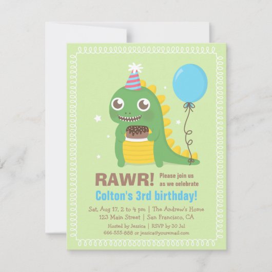 Cute Dinosaur Invitations de fête d'anniversaire (Devant)