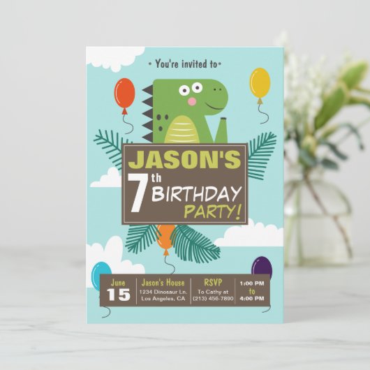 Cute Dinosaur Kids Birthday Party Invitation Kaart (Staand voorkant)