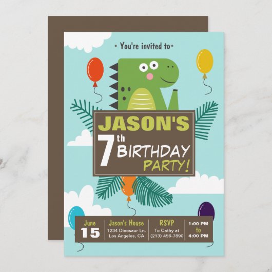 Cute Dinosaur Kids Birthday Party Invitation Kaart (Voorkant / Achterkant)