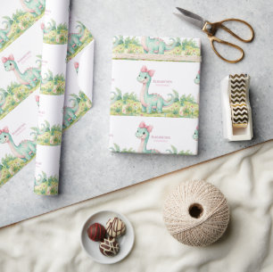 Cute Dinosaur Met Roze Strik Baby Shower Cadeaupapier