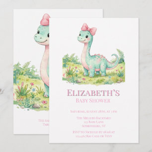 Cute Dinosaur Met Roze Strik Baby Shower Kaart