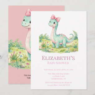 Cute Dinosaur Met Roze Strik Baby Shower Kaart