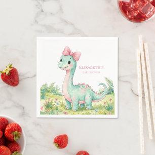 Cute Dinosaur Met Roze Strik Baby Shower Servet