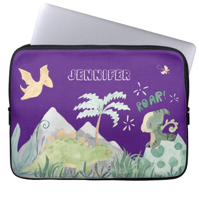 Cute Dinosaur Paarse School Laptop Sleeve (Voorkant)