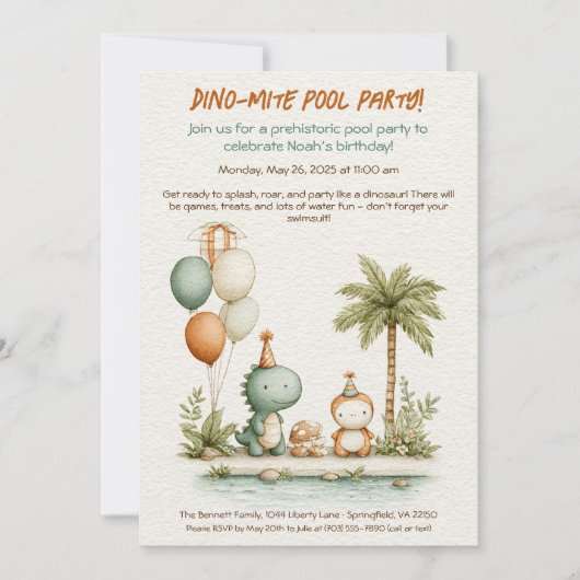 Cute Dinosaur Pool Party Anniversaire Invitation (Devant)