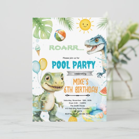 Cute dinosaur pool theme invitation (Debout devant)