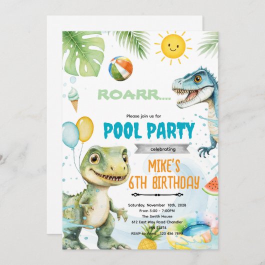 Cute dinosaur pool theme invitation (Devant / Derrière)