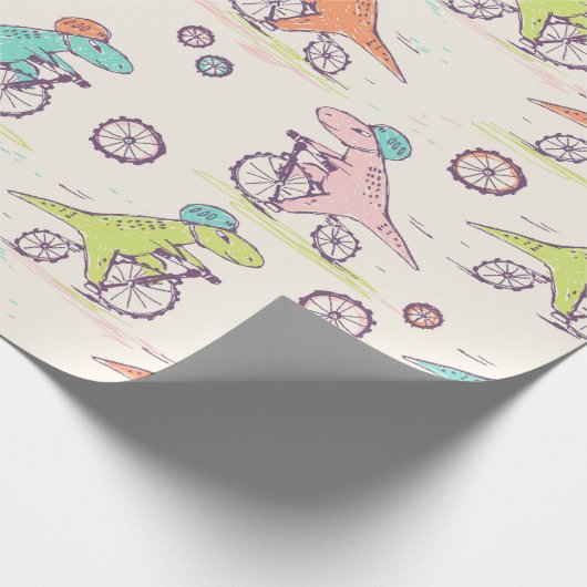 Cute Dinosaur Racing Bikes Whimsical Pattern Cadeaupapier (Hoek)