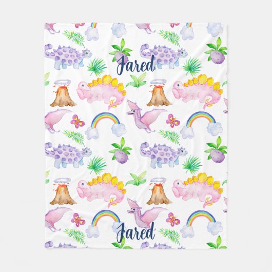 Cute Dinosaur Rainbow Waterverf Kinder Oerwoud Fleece Deken (Voorkant)