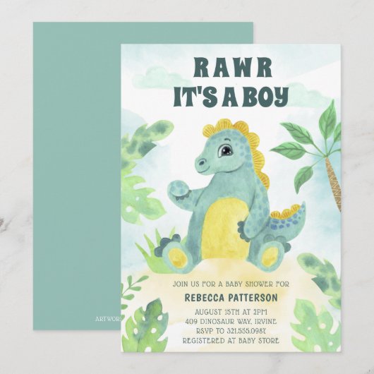Cute Dinosaur Rawr is een Baby shower Kaart (Voorkant / Achterkant)