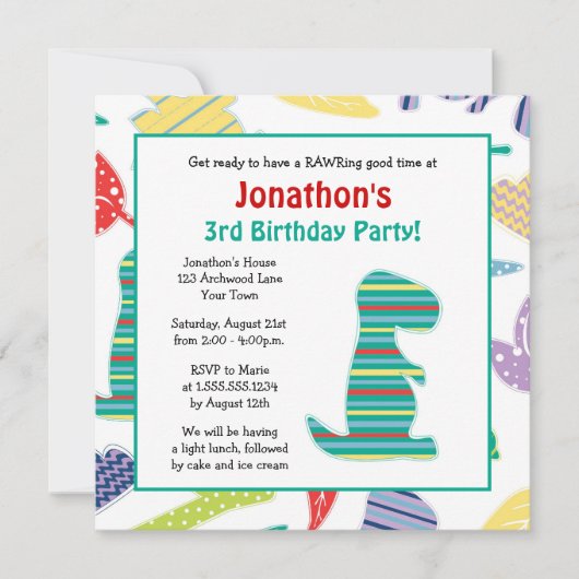 Cute Dinosaur Theme Kids Birthday Party Invitation Kaart (Voorkant)