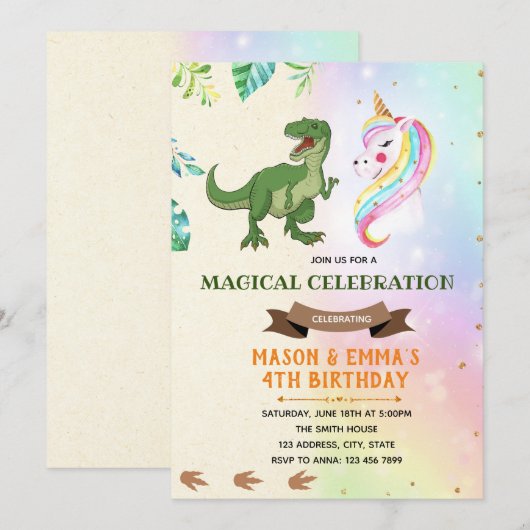 Cute dinosaur unicorne invitation (Devant / Derrière)