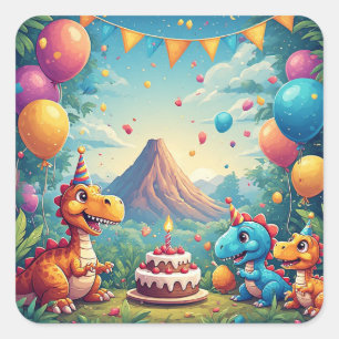 🦖 Cute Dinosaur Verjaardagsfeest In Jungle Scene  Vierkante Sticker