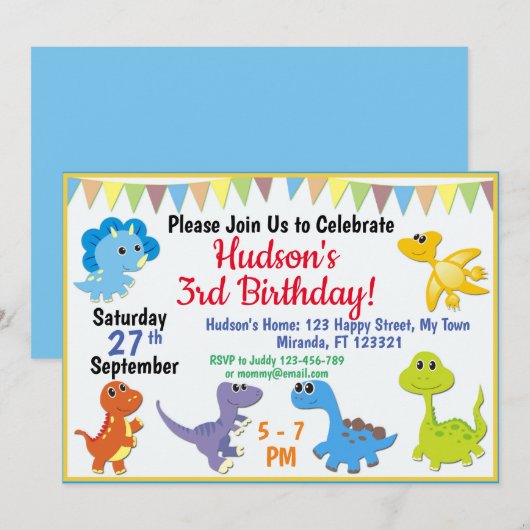 Cute Dinosaur verjaardagsuitnodiging Kaart (Voorkant / Achterkant)