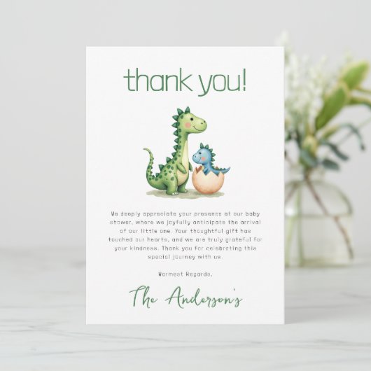 Cute Dinosaur Waterverf Baby shower Bedankkaart (Staand voorkant)