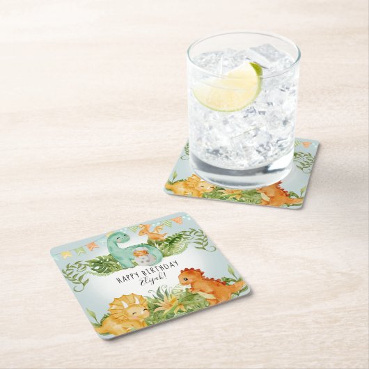 Cute Dinosaur Waterverf Foliage Birthday Party Vierkante Kartonnen Onderzetter (Insitu)